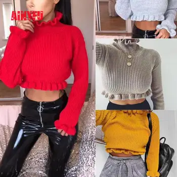 

Autumn Winter Women Ruffles Turtlenecks Sweaters Knitted Long Sleeve Clothing Sexy Crop Butterfly Sleeve Sweater Pullover C206