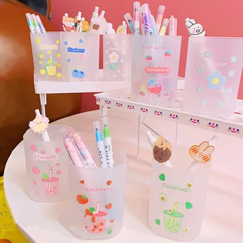 

Cute Fruit Flower Transparent Frosted Pen Holder Desk Organizer Students Supplies Plastic Square Pencil Holders Gifts Stationery