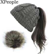 XPeople, вязаная шапка с помпонами, шапка с манжетой, зимние однотонные кашемировые Лыжные шапки с хвостиком