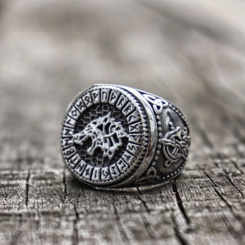 

EYHIMD Viking Fenrir Wolf Amulet Signet Ring Mens Nordic Silver Stainless Steel Rune Rings Talisman Jewelry