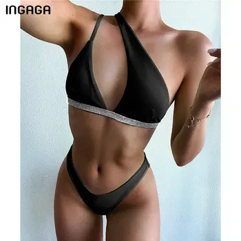

INGAGA Cut Out Bikinis Swimsuits 2020 Swimwear Women Patchwork Shiny Bathing Suits High Cut Beachwear Solid Thong Bikini Set
