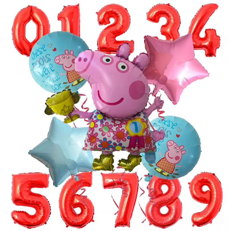 6pcs Cartoon Peppa Pig Foil Balloons 32inch red 0-9 Baby Boy Girl Helium Globos Happy Birthday Party Room Decorations Kids Toys - Цвет: Темный хаки