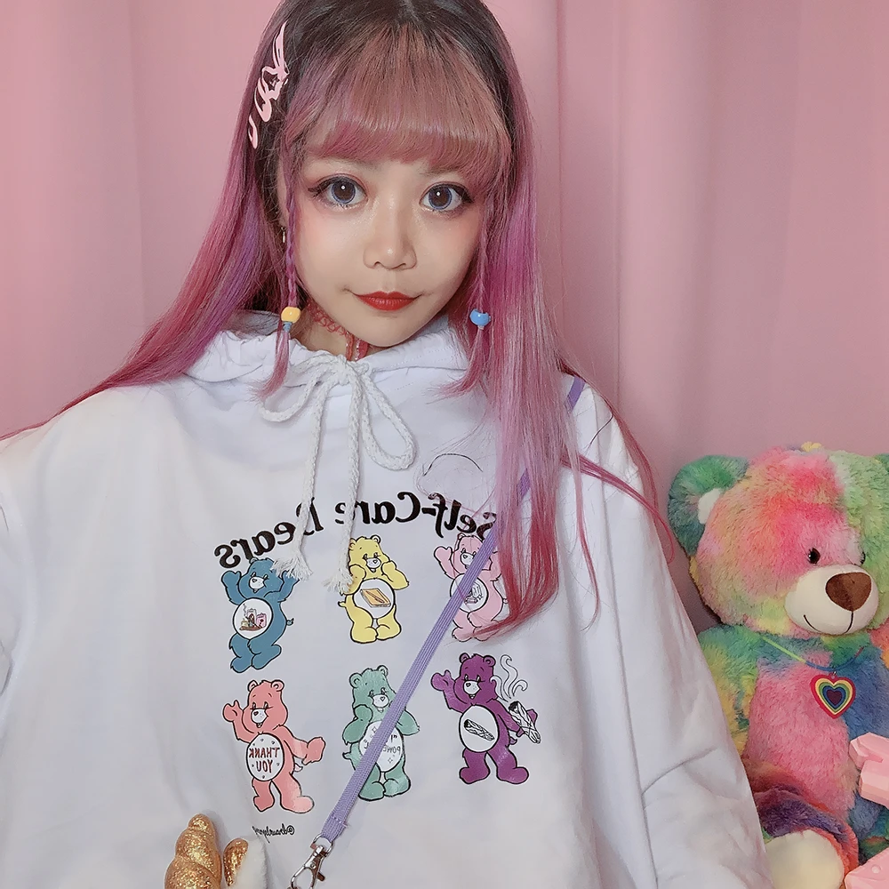 Японский Harajuku для девочек мягкий сердце сестра Лори медведь розовый свободный большой с капюшоном длинным рукавом Толстовка Толстовки