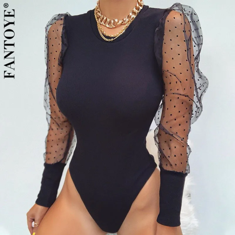 FANTOYE New Lace Puff Sleeve Women's Bodysuit Autumn Long Sleeve Polka Dot Vintage Bodycon Jumpsuit Tops Skinny Mesh Bodysuits FANTOYE New Lace Puff Sleeve Women's Bodysuit Autumn Long Sleeve Polka Dot Vintage Bodycon Jumpsuit Tops Skinny Mesh Bodysuits