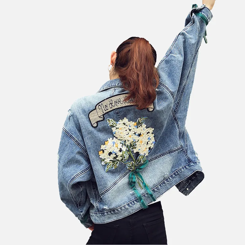

Embroidery Flower Autumn Jeans Coat Female Denim Patchwork Holes Women's Jacket 2019 Streetwear Loose Coats Women Plus Size 5XL