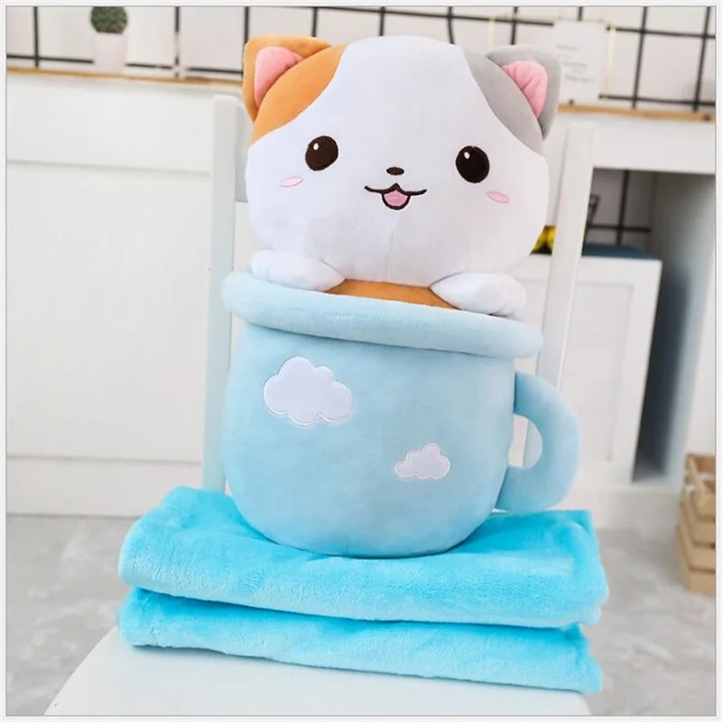 Милые плюшевые игрушки для кошек с одеялом, мягкие животные, кукла, плюшевая подушка, украшение дома, подарки на Рождество и День святого Валентина - Цвет: blue