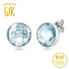 GemStoneKing 7,00 cttw круглые шахматные стильные серьги-гвоздики с натуральным голубым топазом 925 пробы серебряные ювелирные изделия для женщин