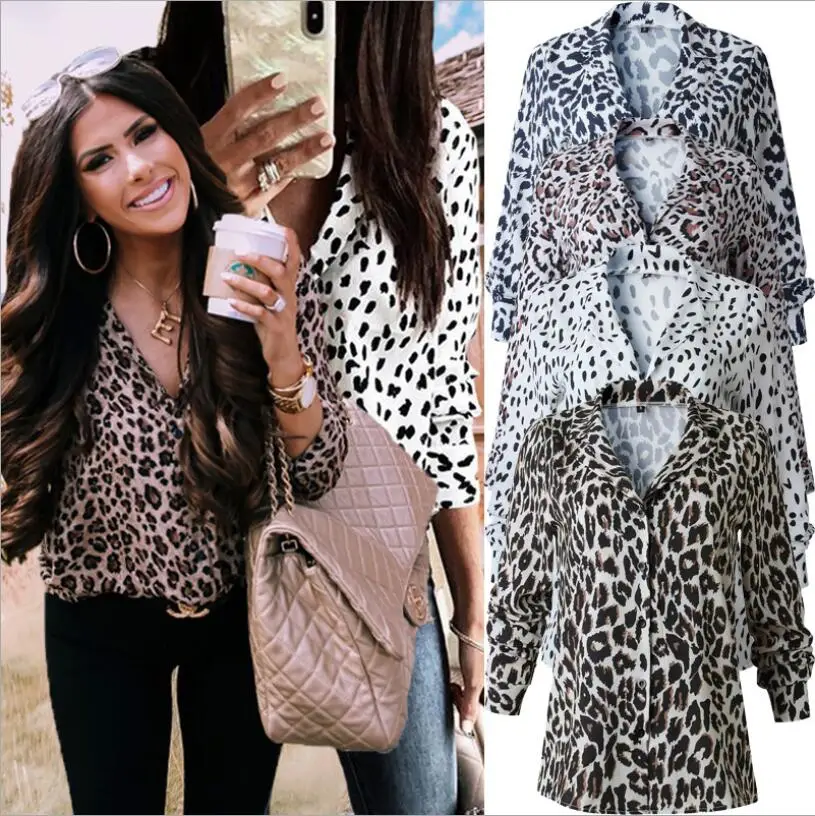 

Hot style 2019 spring and autumn fashion print leopard print button down blouse with long sleeves