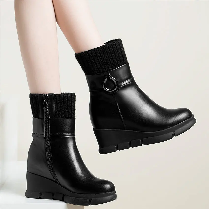 Winter Tennis Shoes Women Cow Leather Wedges High Heel Round Toe Platform Pumps Knitting Hight Top Fashion Sneakers Casual Shoes