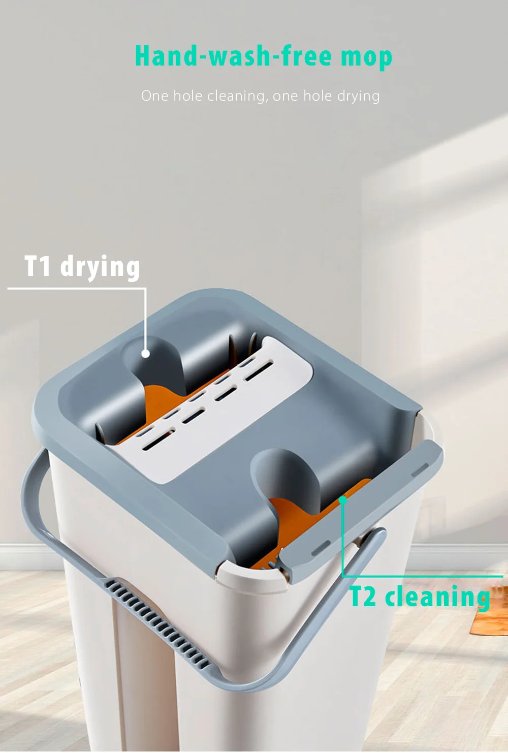 Flat Squeeze Bucket Hand Free Wringing Floor Household Cleaning Mop 