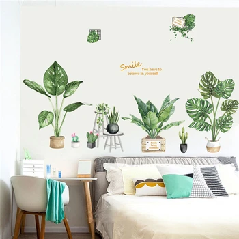 

Green Potted Plant Wall Sticker Home Living Room Fresh And Cool Decoration Mural Art Decals Bedroom Background Stickers