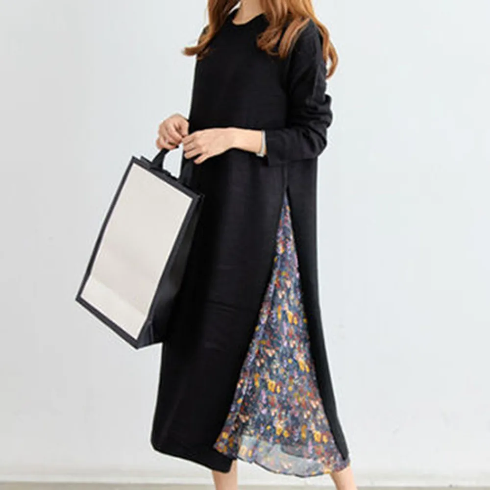 

Autumn Women Dress 2019 Korean Designer Creative Pullover Black and Foral Print Patchwork Boho A Line Long Dresses Vestidos