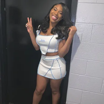 

Ahagaga 2020 Fashion Letters Print Short Sleeve Sexy Crop Top Skirt For Summer 2 pieces Sets Women Streetwear Outfits Tranksuits