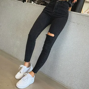 

Sexy Elastic Tassel Ripped Holes Denim Pants Female Trousers 2019 High Waist Stretch Pencil Jeans Women Skinny Pants Black Jeans