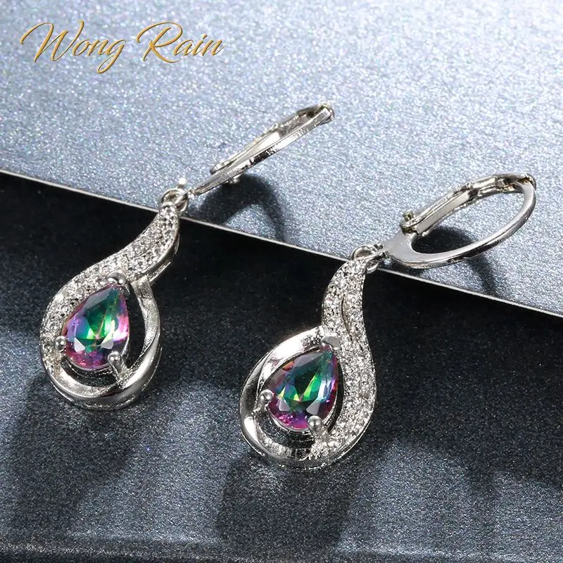 

Wong Rain Bohemian 925 Sterling Silver Water Drop Pear Mystic Rainbow Topaz Gemstone Drop Dangle Earrings Fine Jewelry Wholesale