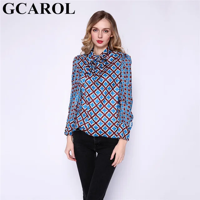 US $15.75 GCAROL New Women Geometric Floral Blouse Spring Fall Ladies Bowknot Shirt Asymmetric Vintage Street