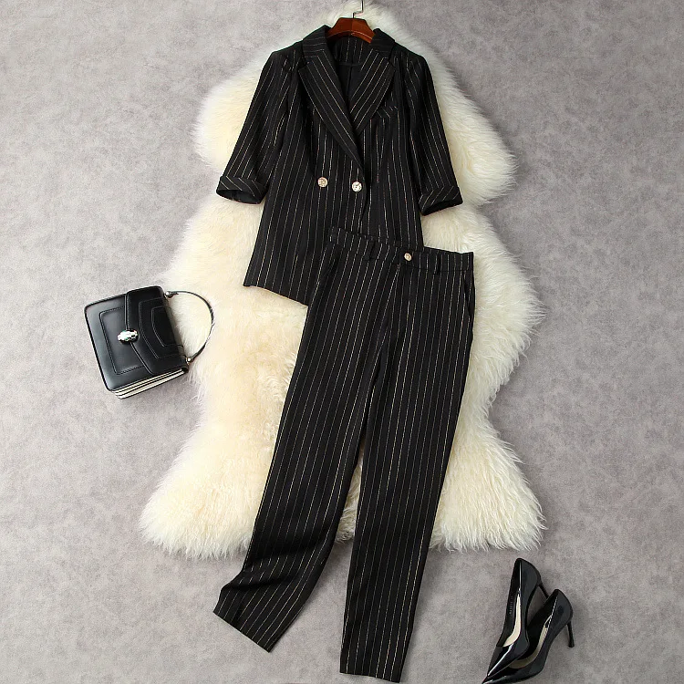 

European and American women's wear new autumn 2022 striped jacket with half sleeves Nine minutes of pants Fashion suits
