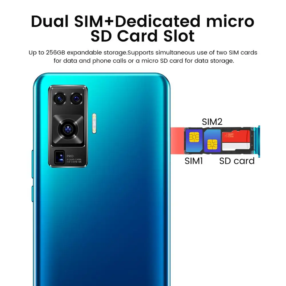 7.2 Inch Global Version X60 Network Snapdragon 865 16+32MP 12GB RAM 512GB ROM Deca Core 4 Camera 2020 Newest Smart Phone In Stoc