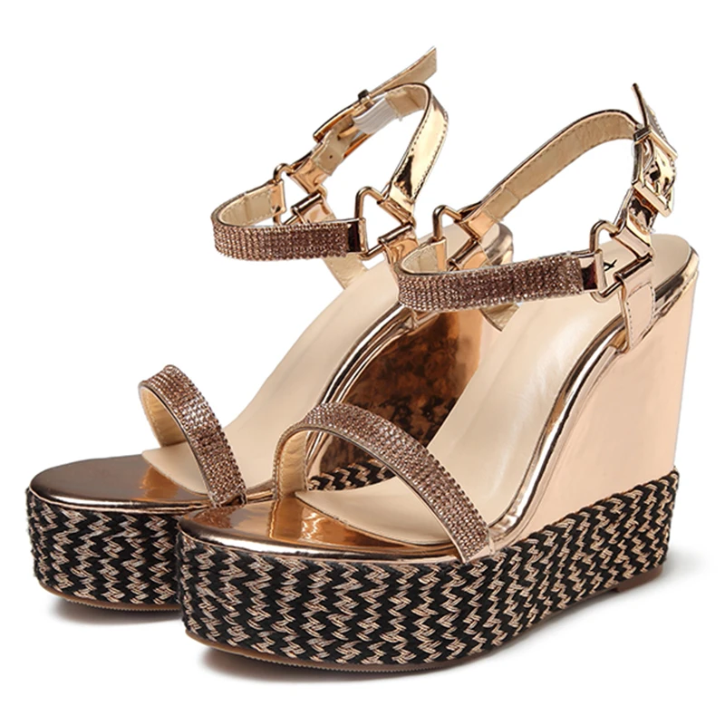 

2020 Summer Women Prom Wedges Sandals 4cm Platform 14cm High Heels Gold Silver Dress Glitter Pumps Glossy Strap Fetish Shoes