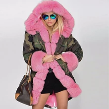 Новинка, Зимняя женская камуфляжная куртка, розовая, натуральный Лисий мех, с капюшоном, длинное пальто, натуральный мех, парка, европейский стиль, верхняя одежда