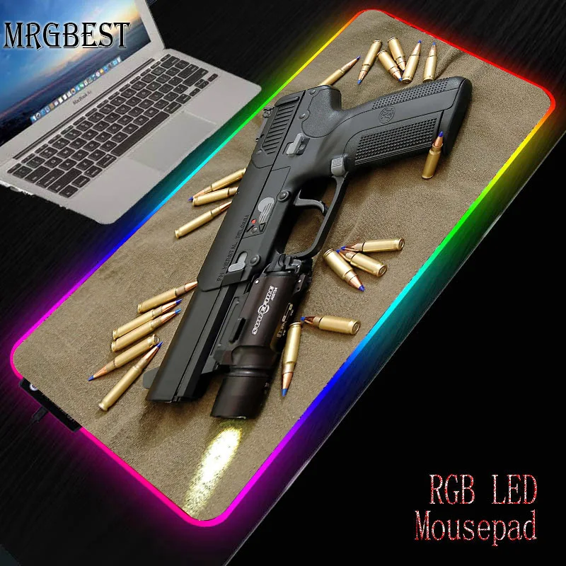 

MRGBEST Cool Gun Game RGB Large Xl Lockedge Mouse Pad Player Big Computer Rubber Pads LED Backlit XXL Surface Mause Keyboard Mat
