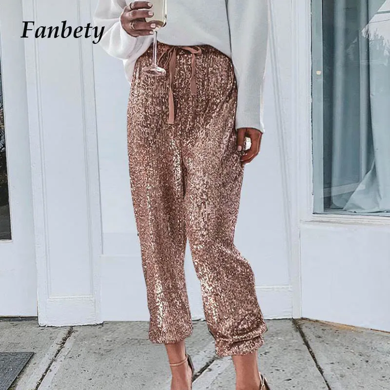 

Women New Sequined Long Pants 2020 Spring Casual Elastic Straight Sweatpants Lady Glitter Shiny Loose Belt Trousers dropshippin