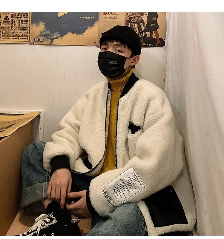 Winter Lamb Hair Jacket Men's Warm Thick Fashion Parka Men Cross Color Casual Baseball Collar Coat Man Wild Loose Cotton Jacket