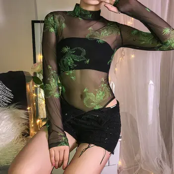 

Women Ladies 2019 Summer Sexy Long Sleeve Bodysuit See-Through Turtleneck Bodycon Jumpsuit Romper Mesh Leotard Tops Playsuit