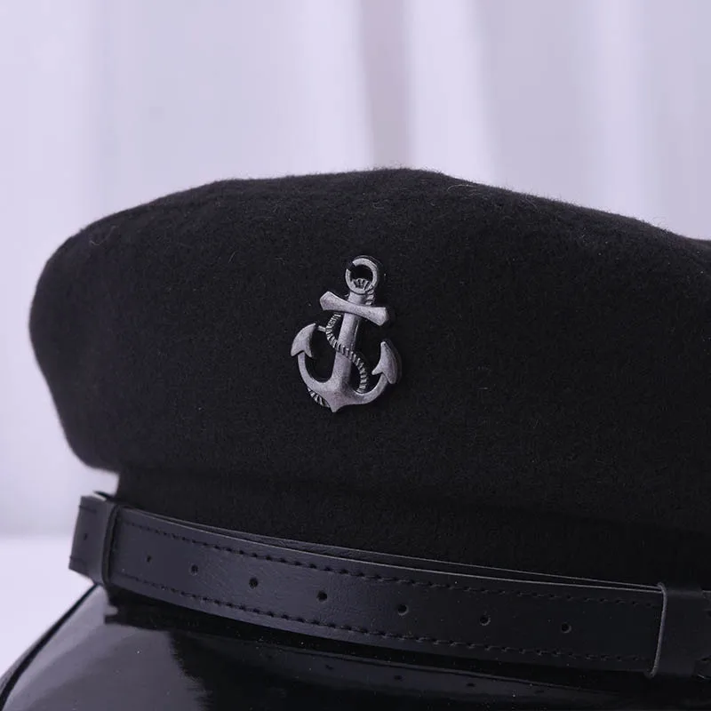 QDKPOTC осень-зима судовой Якорь знак армейские кепки модные, женские, шерстяные шляпы пу карниз на плоской подошве Кепки
