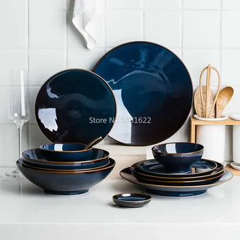 

1/2/4/6 Person Dinner Set Deep Blue Color Ceramic Retro Glazed Dinnerware Plate Household Rice Dish Set