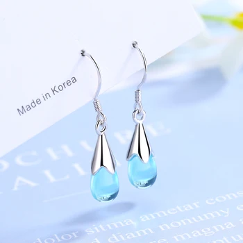 

Delicate Blue glass water drop long Tassel earrings fashion 925 sterling silver long chain Promise Love Wedding Band Jewelry