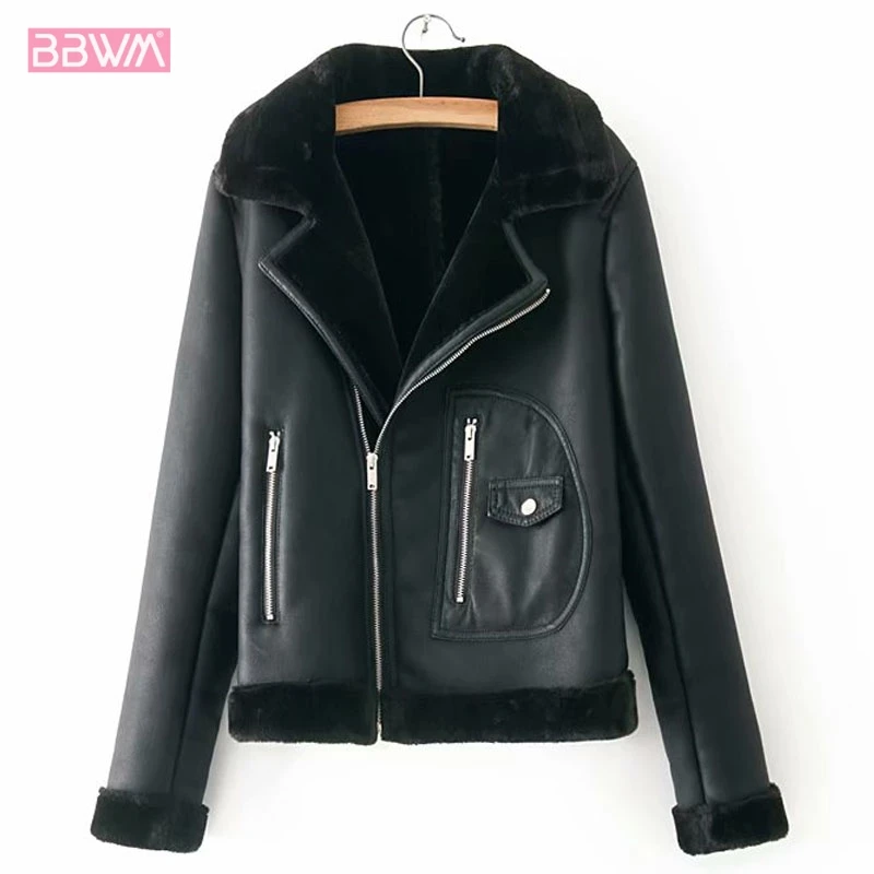 

PU Warm Fur Long Sleeve Lapel Thickening Motorcycle Women's Jacket 2019 Winter Belt Chic Zipper Black Female Coat Green Tops