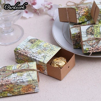 

25 Pcs/lot World Map Cuboid Wedding Paper Favor Candy Boxes Gift Boxes with String Wedding Birthday Party supply For Christmas