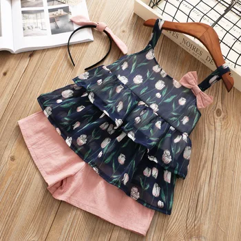 

Humor Bear Summer Girls' Clothes Suit Layered Chiffon Flower Printed Sling Bow Tops and Shorts 2PCS Suit Baby Kids Clothing Set