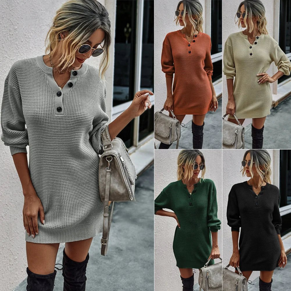 

GHZTYF Ladies Long Sleeve Pullovers Sweater Dress Winter Tops Women 2020 V Neck Sweaters Dresses Clothes
