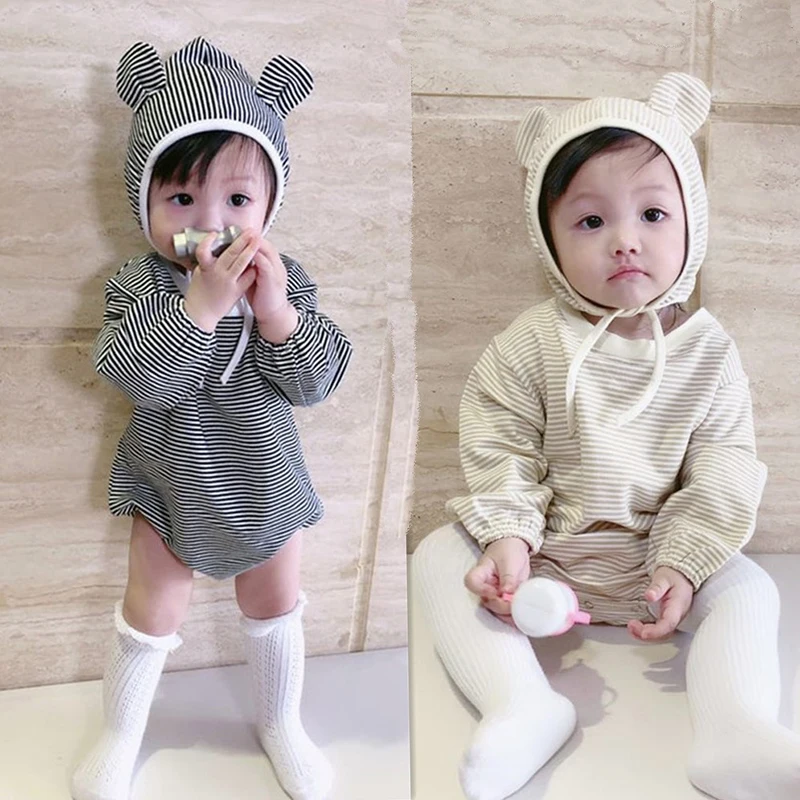 

DAILOU Toddler Kids Girl Boys Clothes Spring Autumn Long Sleeve Baby Striped Bodysuits Small Ear Hat Hats Two-piece Clothes