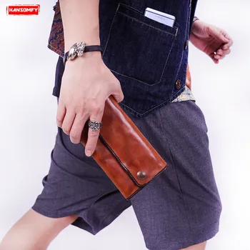 

2020 New Retro Men's Tri-fold Wallet Buckle Wallet Personality Youth Simple Tide Card Holder Purses Long Section Genuine Leather