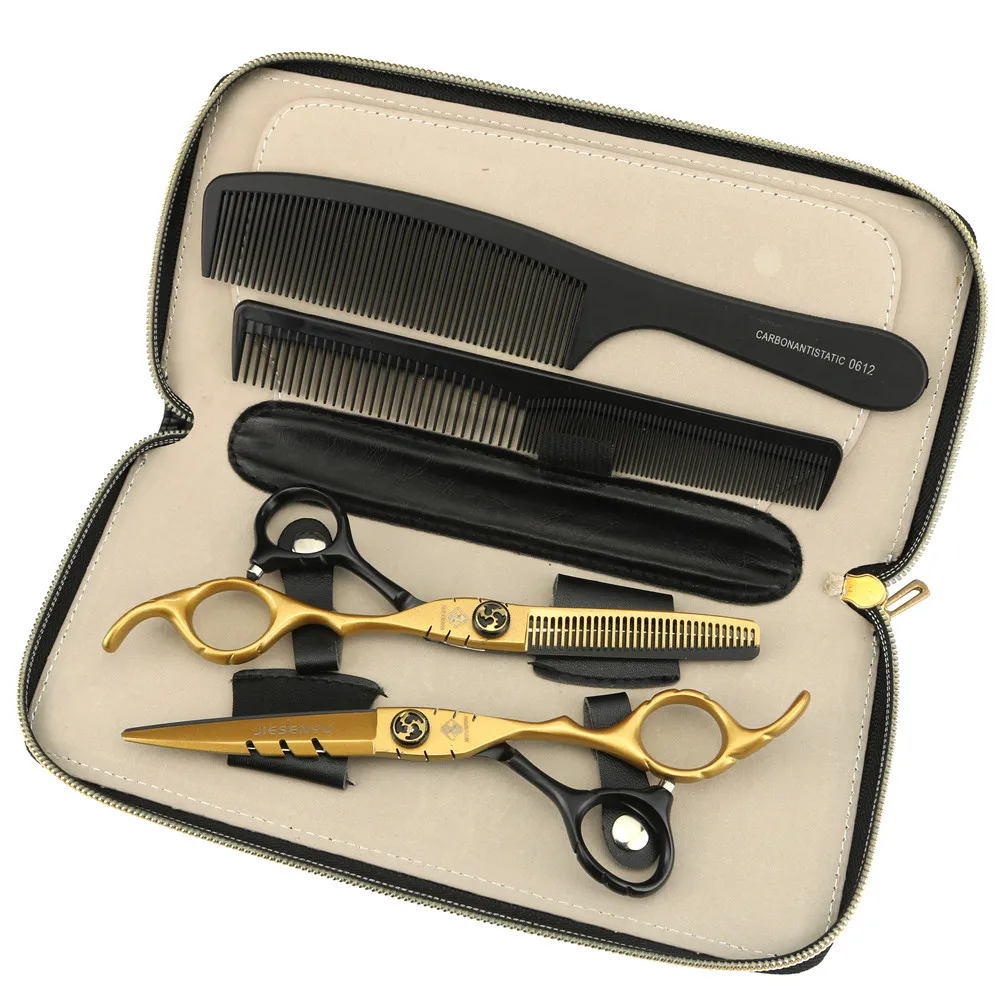 Gold Set Японские Ножницы 6,0 дюймов Черные ножницы для правой руки Уход за волосами удобные и простые в использовании идеальные стрижки волос - Цвет: Gold Set