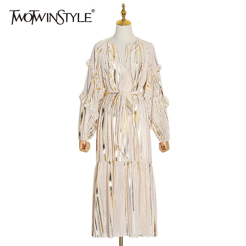 TWOTWINSTYLE Vintage Striped Hit Color Dress Women O Neck Lantern Sleeve High Waist Lace Up Bowknot Midi Dresses Female 2020 New TWOTWINSTYLE Vintage Striped Hit Color Dress Women O Neck Lantern Sleeve High Waist Lace Up Bowknot Midi Dresses Female 2020 New