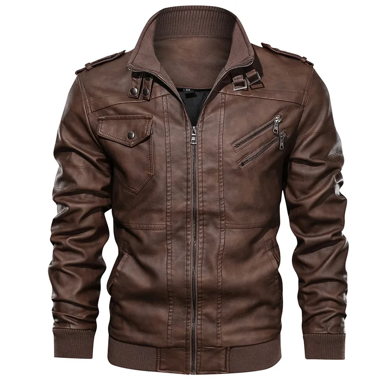 Мужская куртка из искусственной кожи, кожаные куртки для фитнеса, мужское пальто, европейский размер, стоячий воротник, мужская куртка, дропшиппинг - Цвет: Brown