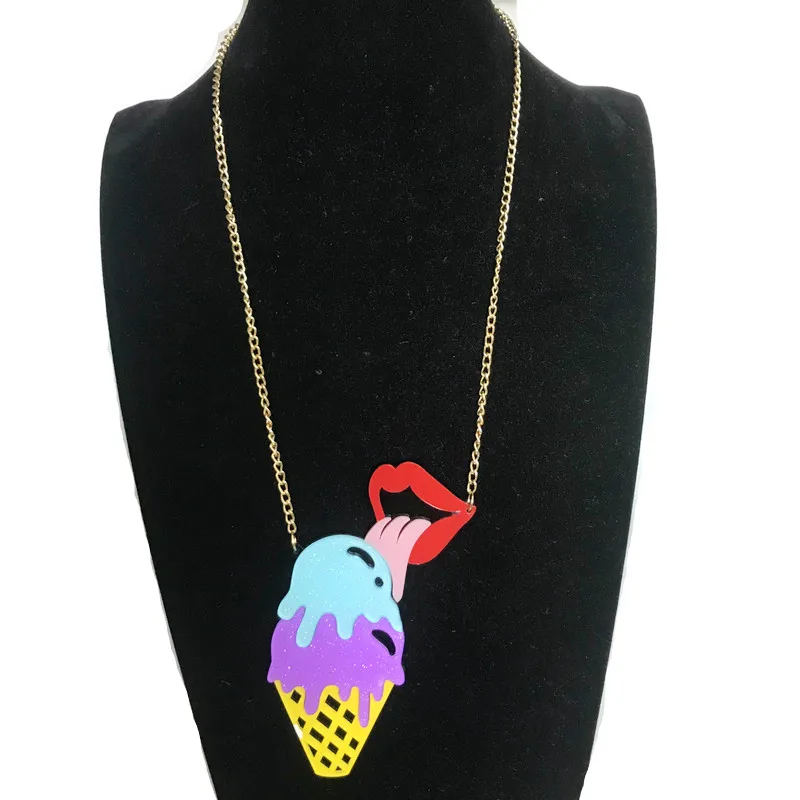 

New Fashion Summer Big Acrylic Tongue licking Ice Cream Necklace For Women Trendy Link Chain Necklace Pendant Party Jewelry Gift