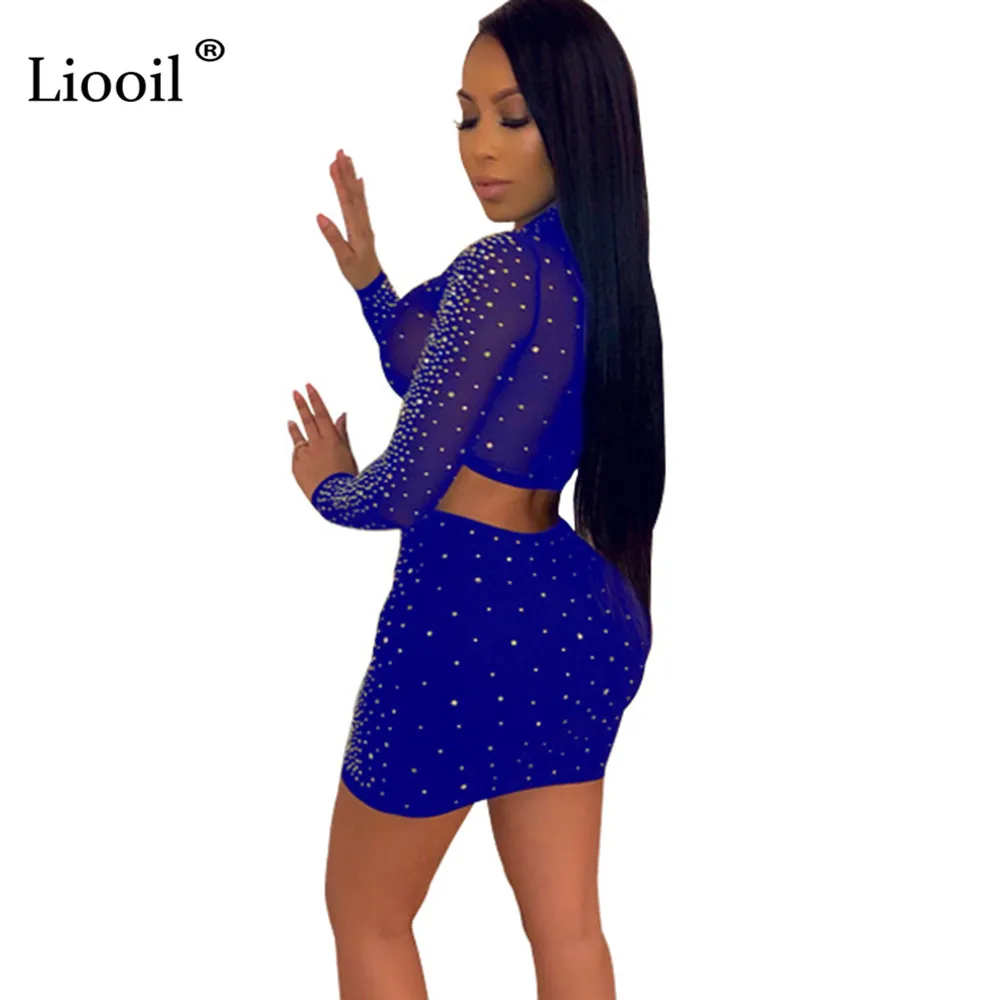 Liooil Rhinestone Mesh Sheer Tight Two Piece Set Party Club Outfits Women Long Sleeve O Neck Sexy Crop Top And Mini Skirts