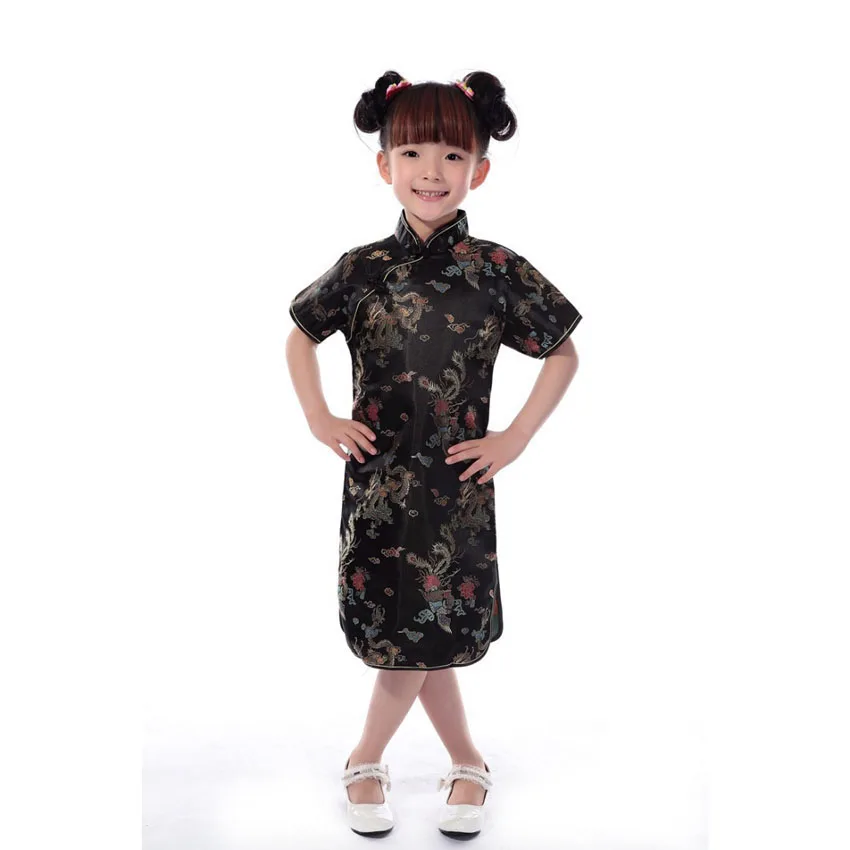 Children Girls Vintage Oriental Chinese Traditional Costumes Cheongsams Dragon Embroidery Satin Silk Dresses for Kids Girls