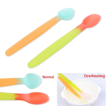 

2Pcs/set Heat Discoloration Safety Baby Feeding Spoon Soft Silicone Flatware U50F