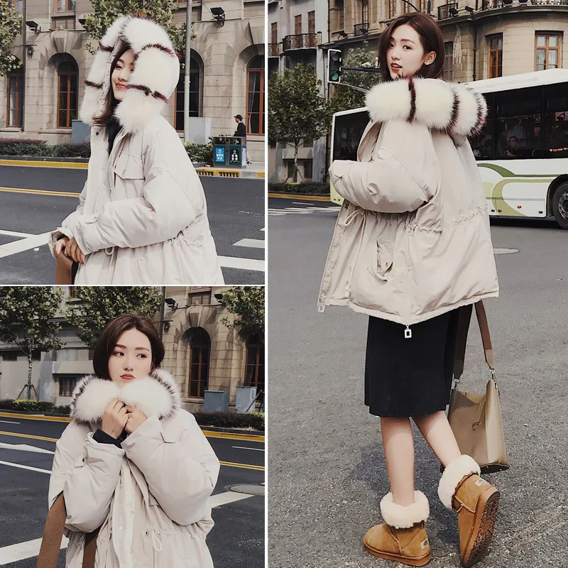 

Main Push 2018 Winter Short Workwear Cotton Coat Women's Korean-style Drawstring Loose-Fit Oversize Thickening Large Fur Collar