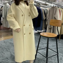 Зимнее Новое корейское модное Свободное пальто размера плюс двубортное одноцветное длинное шерстяное пальто Женская шерстяная куртка с двойным мешком