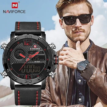 NAVIFORCE-reloj Digital LED de cuarzo para hombre, pulsera de cuero, resistente al agua, estilo militar, informal
