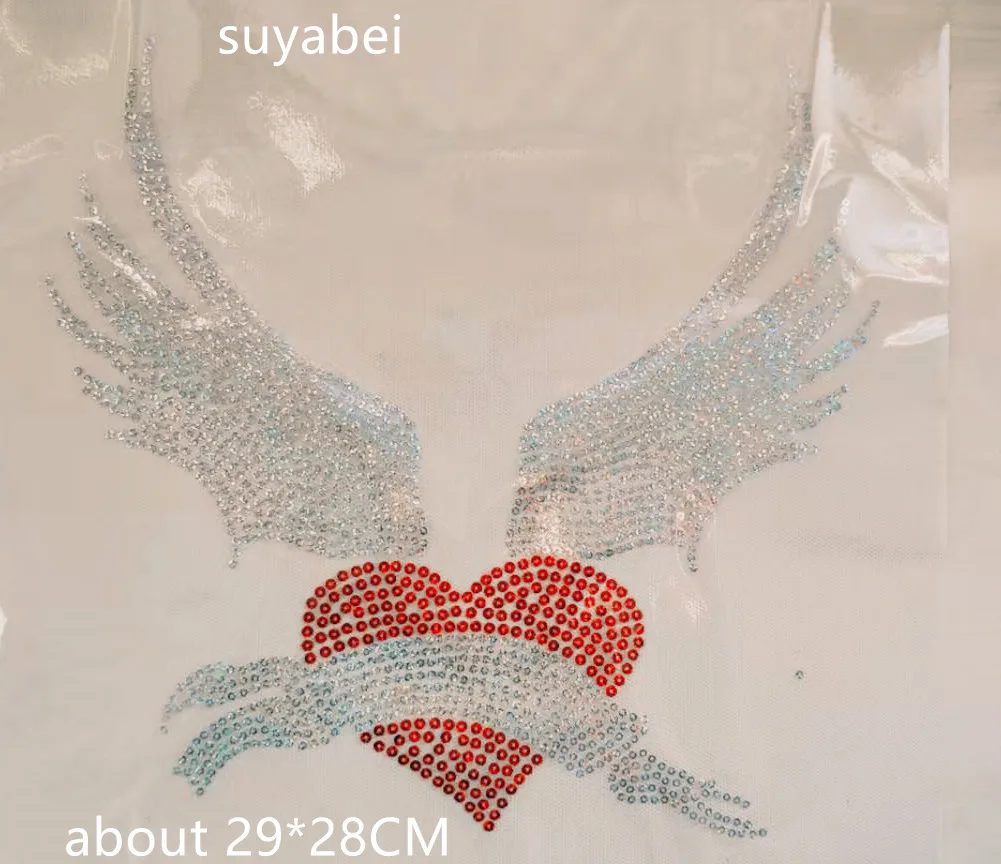 

2pc/lot Sequins Double wings heart strass applique hot fix motif iron on transfers design hot fix patches