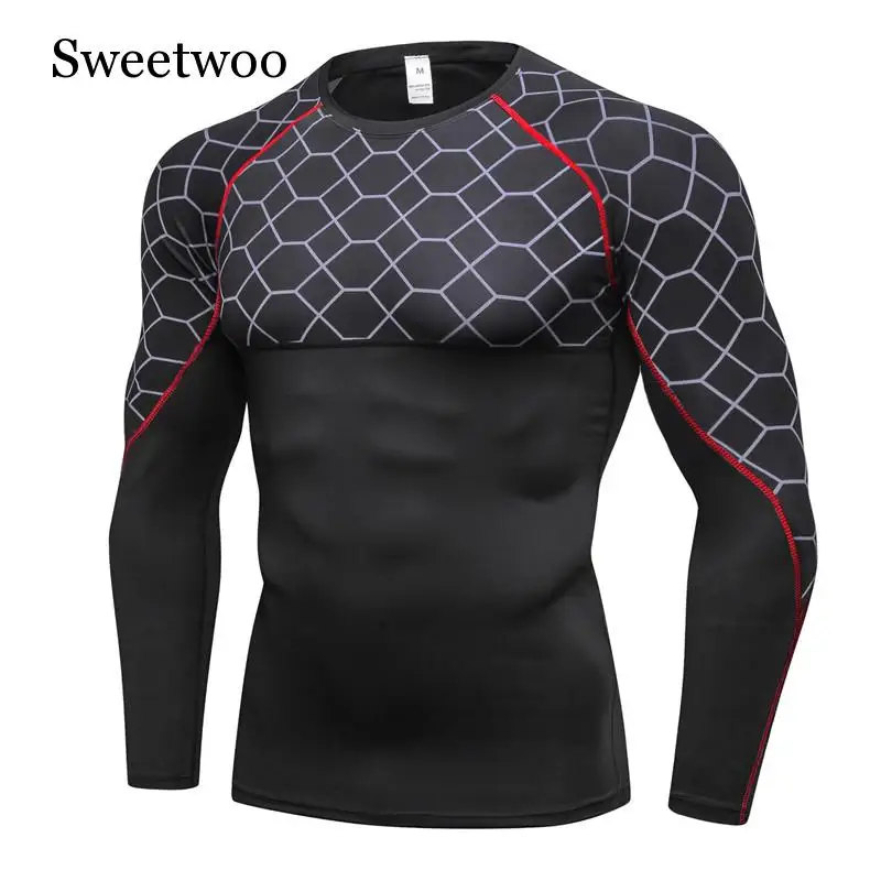 Men's Top Fitness Print Splicing Long Sleeve Running Training Quick Dry High Elastic Tights Bodybuilding Sports T-Shirt Male