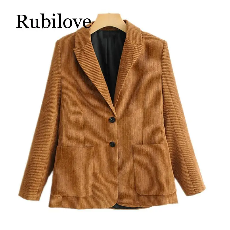 

Rubilove Women Corduroy Blazer Single Breasted Button With Pocket Long Sleeve Notched Jacket Coat Female Casual Outerwear Loose